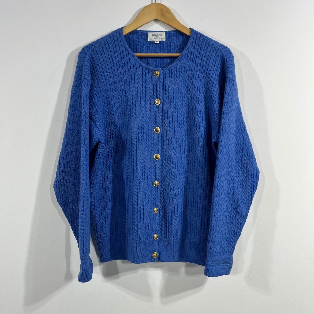 VTG Johnstons Lamora Lambswool Angora Cable Knit Cardigan Gold Button Sweater M